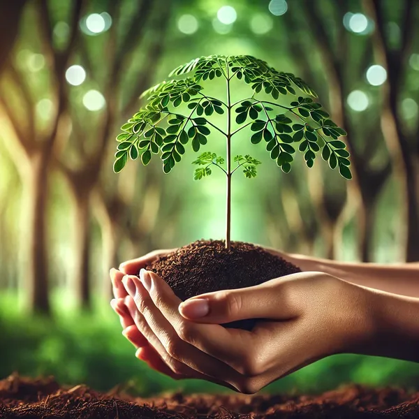 Young moringa seedling held in cupped hands
